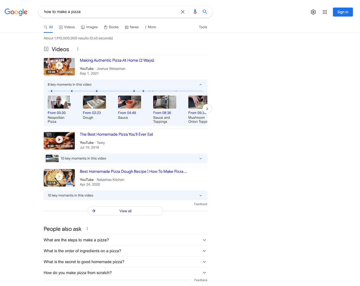 Screenshot showing Google rich snippets for 'how to make a pizza'